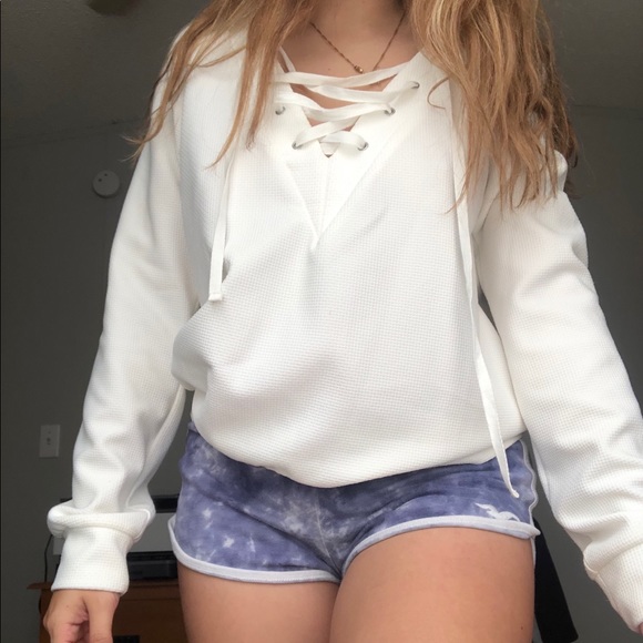 White Lace Up Long Sleeve Top - Picture 1 of 6